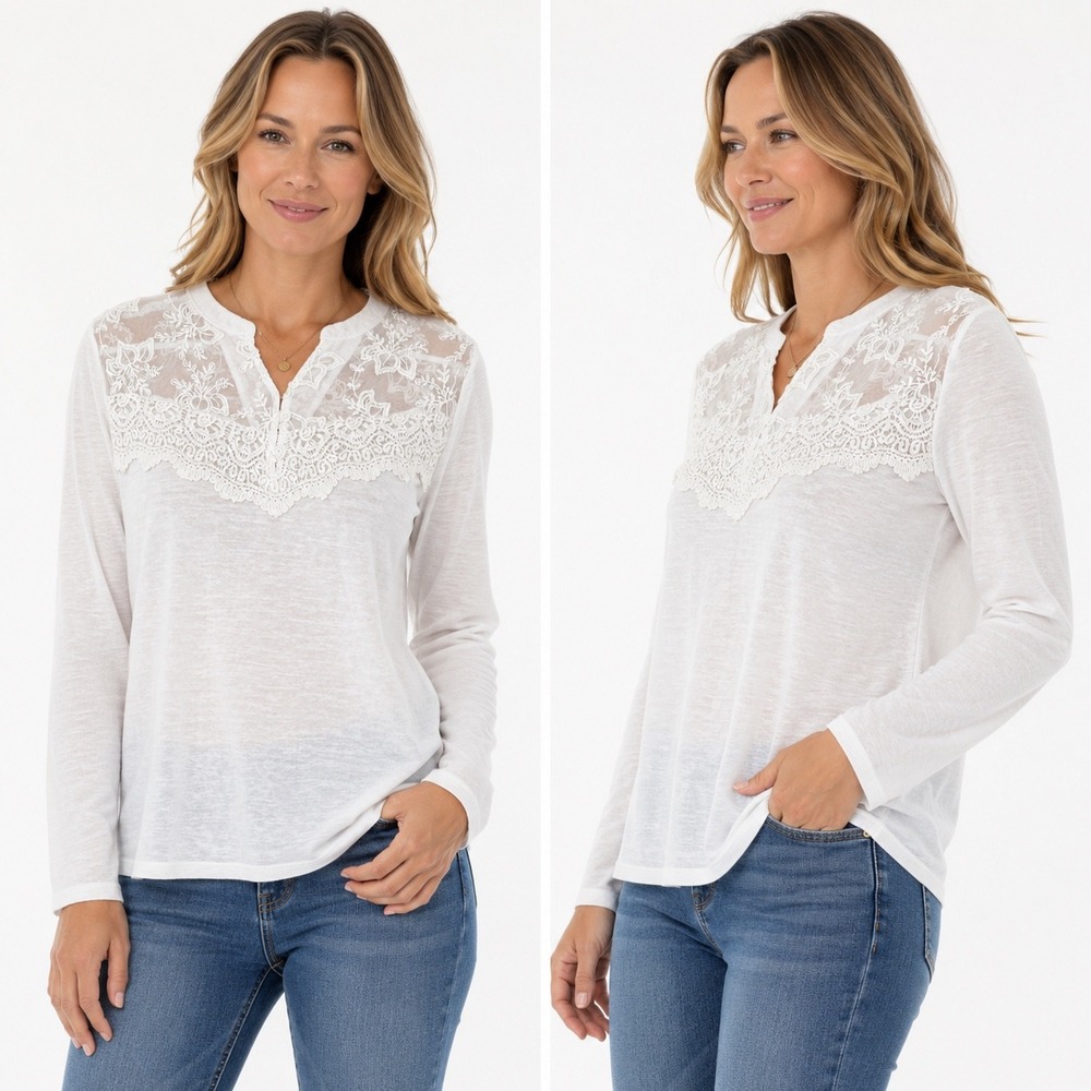 XL Arctic White Lace Yoke Long Sleeve Soft Slub Knit Top Faded Glory Beautiful